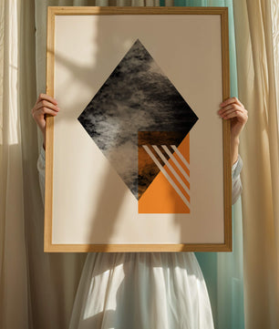 Abstract Geometric Composition with Orange Triangle and Cloudy Pattern - Mi tienda