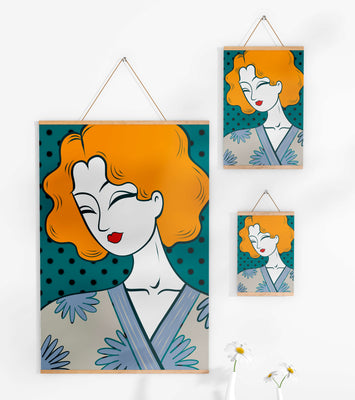 Stylized portrait of a woman with orange hair and floral kimono
