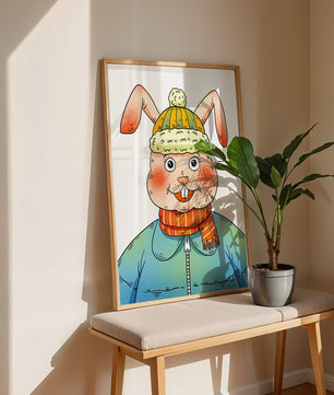 Whimsical cartoon bunny in winter attire with a striped scarf and beanie hat