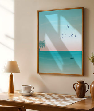 Serene Beach Landscape with Palm Trees and Seagulls at Sunset