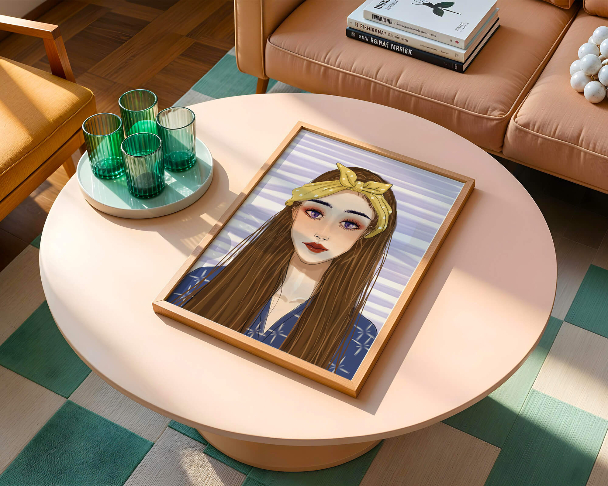 Illustration of a woman with a yellow headband against a striped background