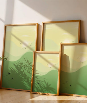 Paisaje minimalista con figuras silueteadas y aves al atardecer
