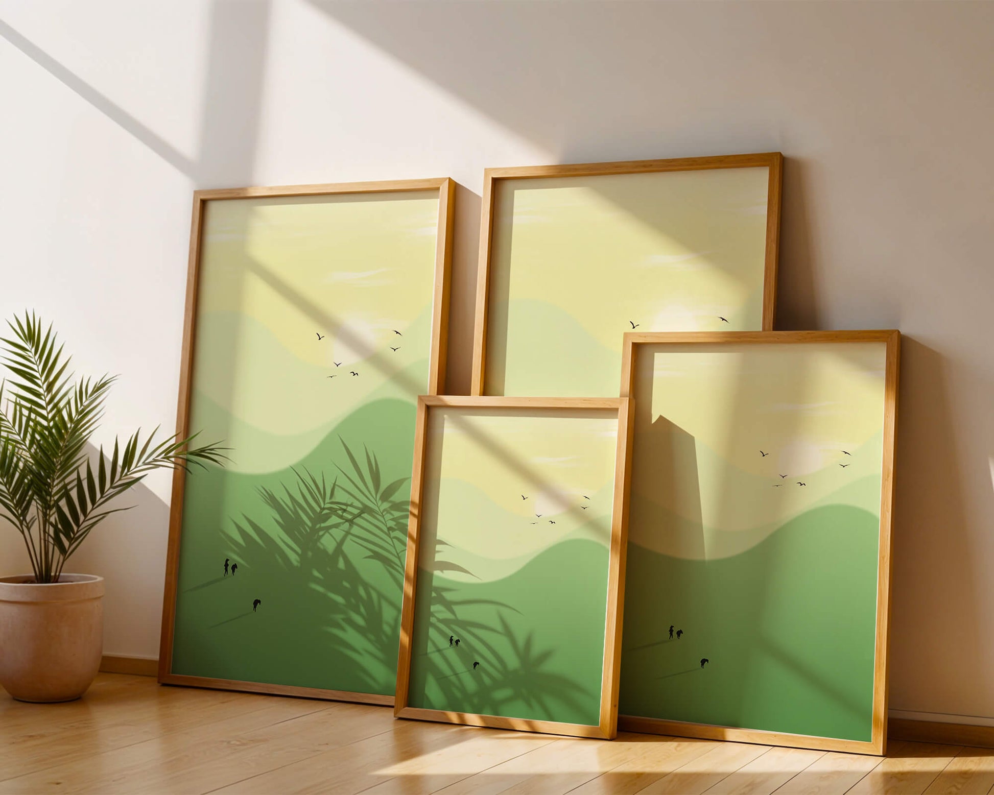 Paisaje minimalista con siluetas de personas y pájaros al atardecer
