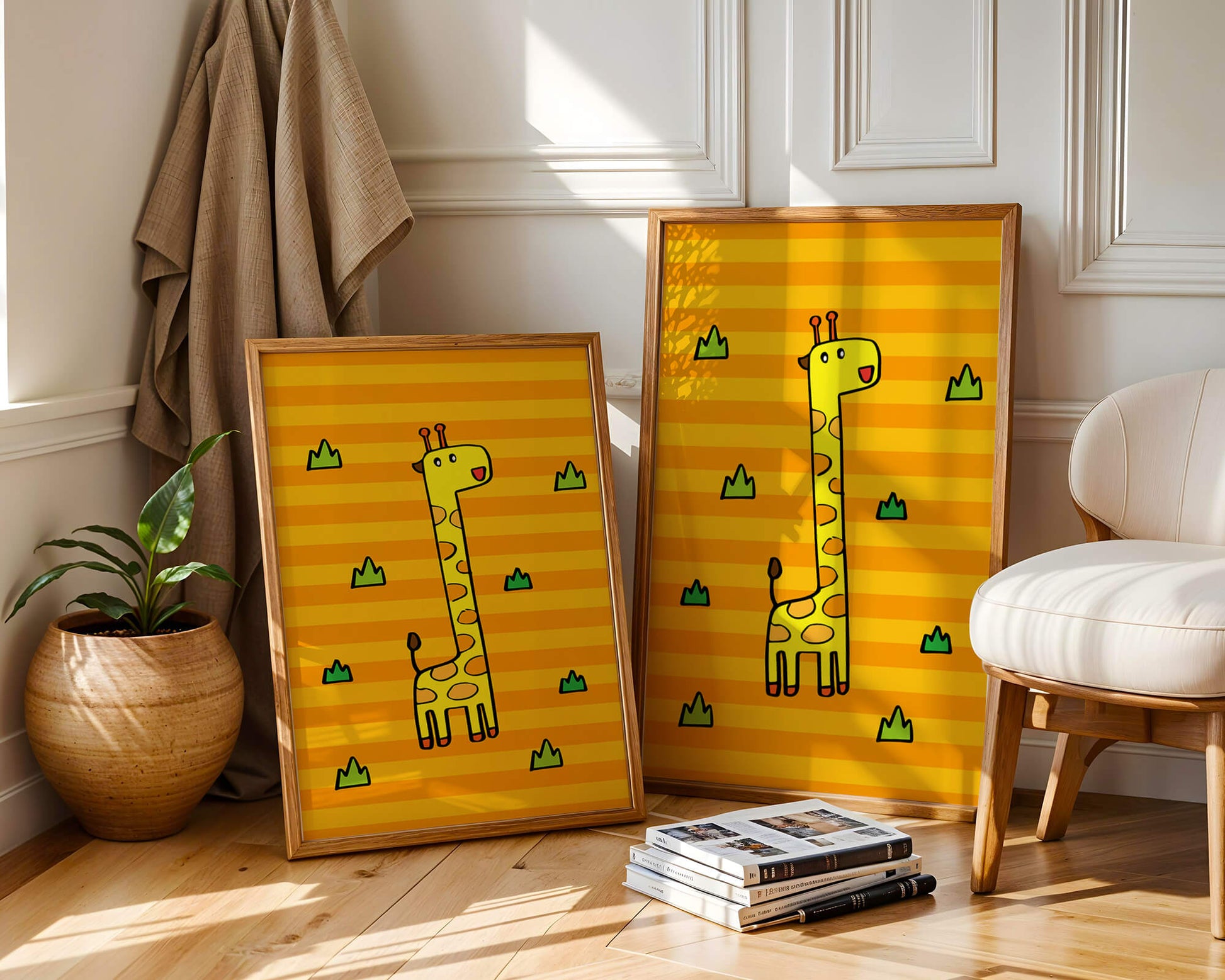 Bright cartoon giraffe illustration on a striped background