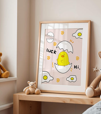 Chick hatching from an egg with cheerful expressions and fried egg motifs