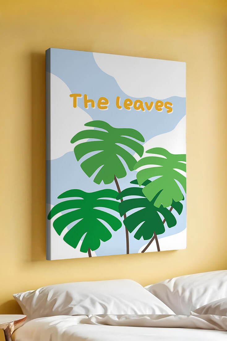 Illustrative tropical leaves with blue sky background for home decor