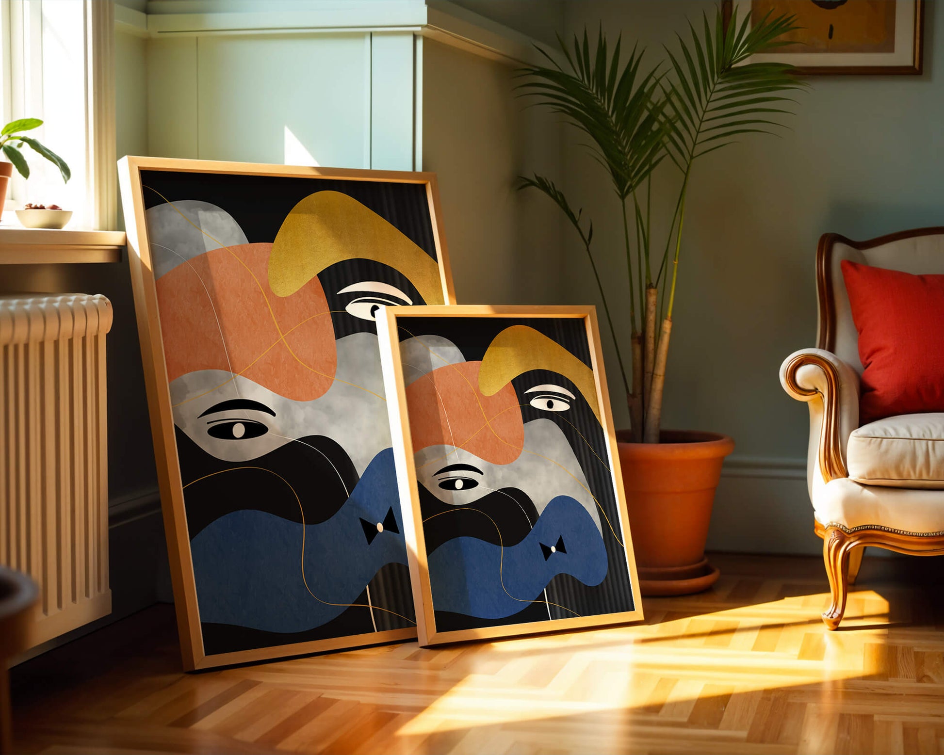 Abstract geometric art with bold colors and gold accents