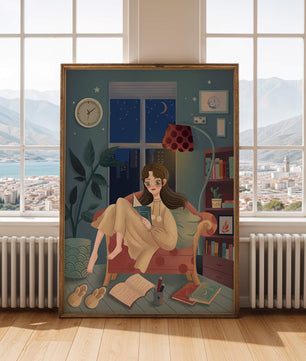 Cozy Nighttime Reading in a Living Room with Moonlit Window