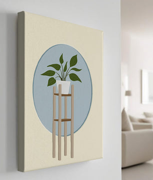 Illustration botanique moderne d'une plante en pot sur un support en bois