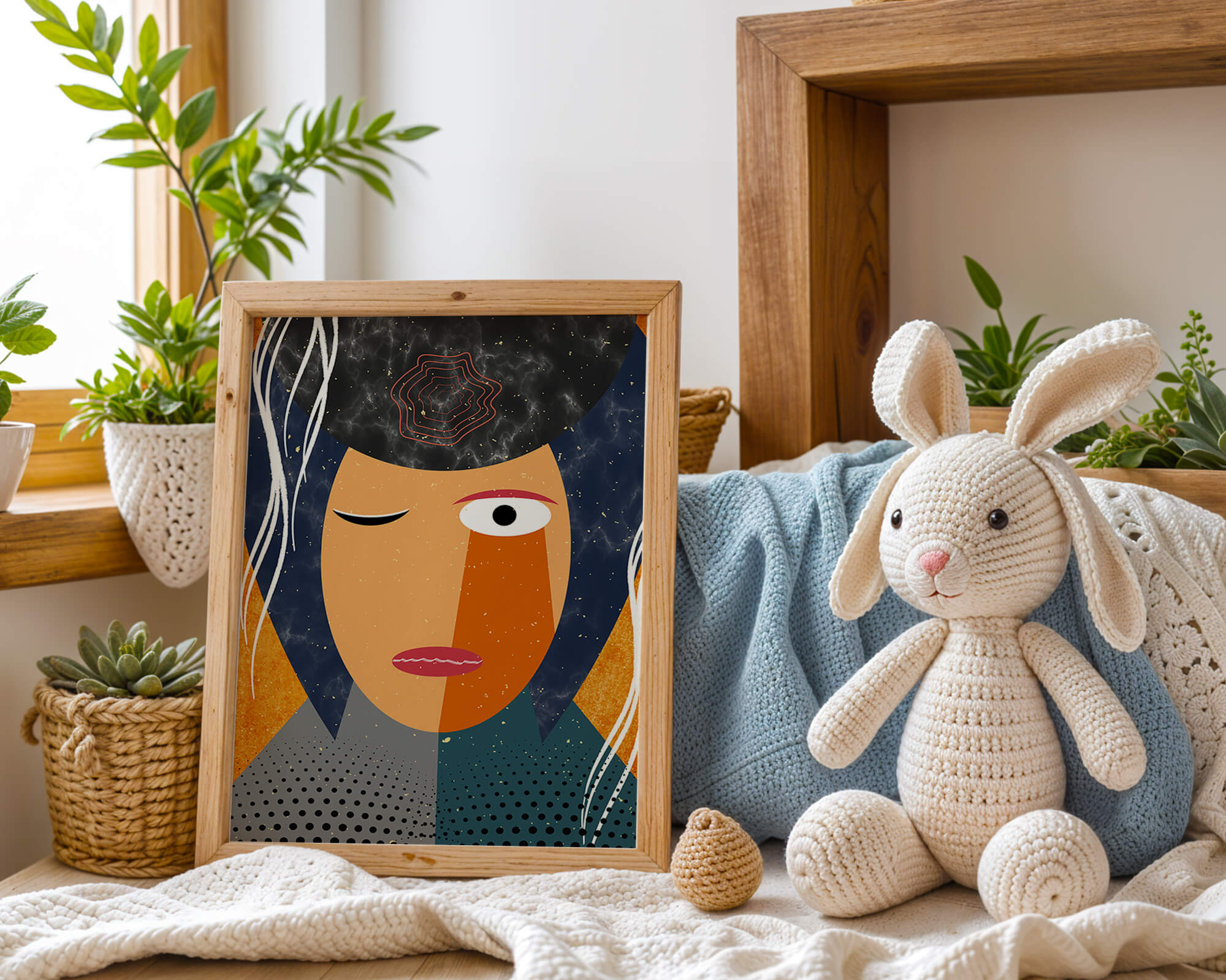Abstract geometric portrait featuring vibrant colors and textures