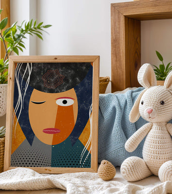 Abstract geometric portrait featuring vibrant colors and textures