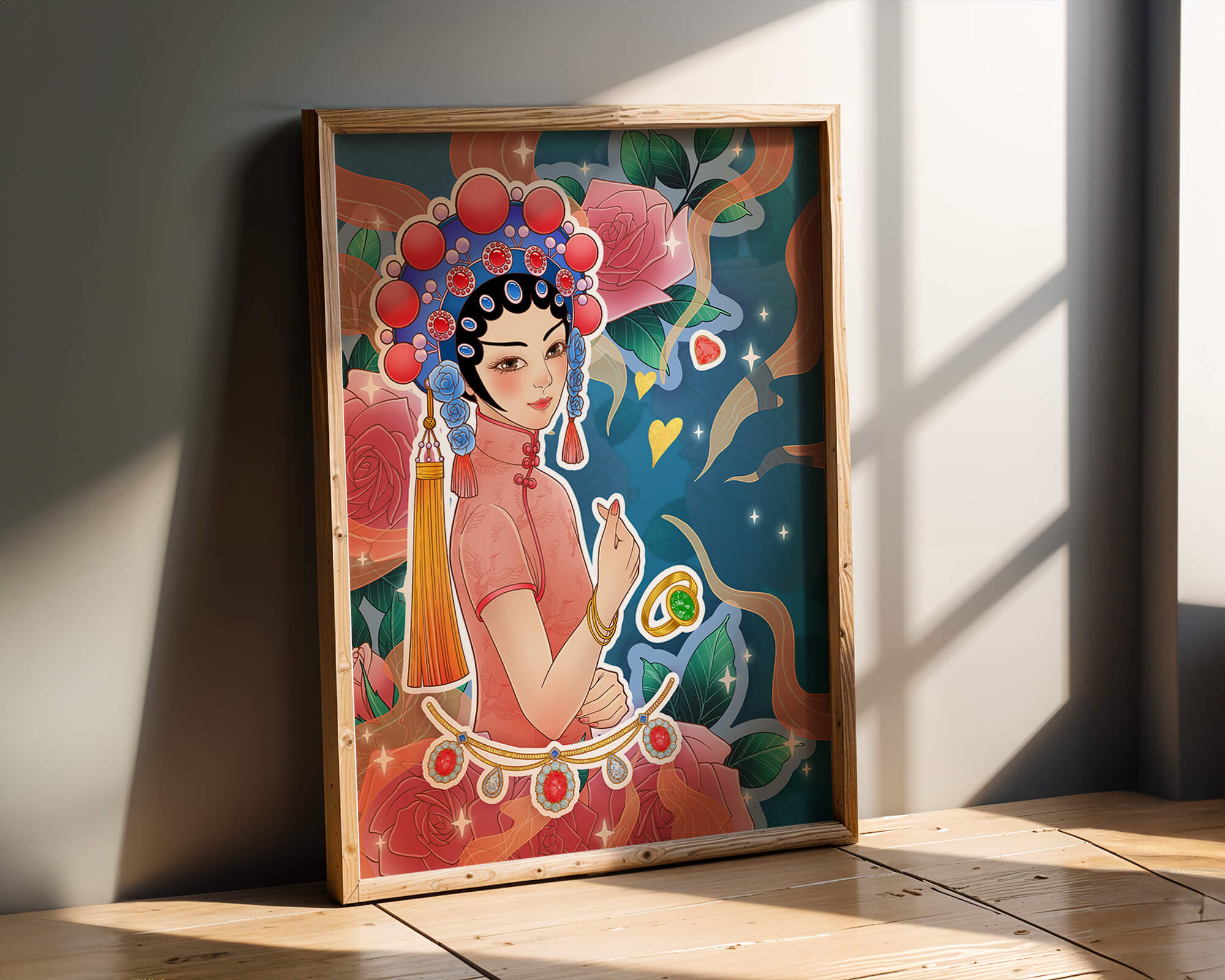 Traditional Asian-inspired illustration with jewelry and floral accents