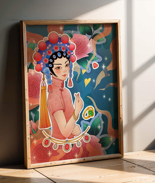 Traditional Asian-inspired illustration with jewelry and floral accents