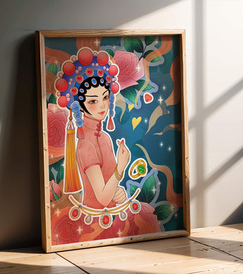 Traditional Asian-inspired illustration with jewelry and floral accents