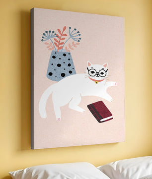 Illustration of playful cat with book and floral vase