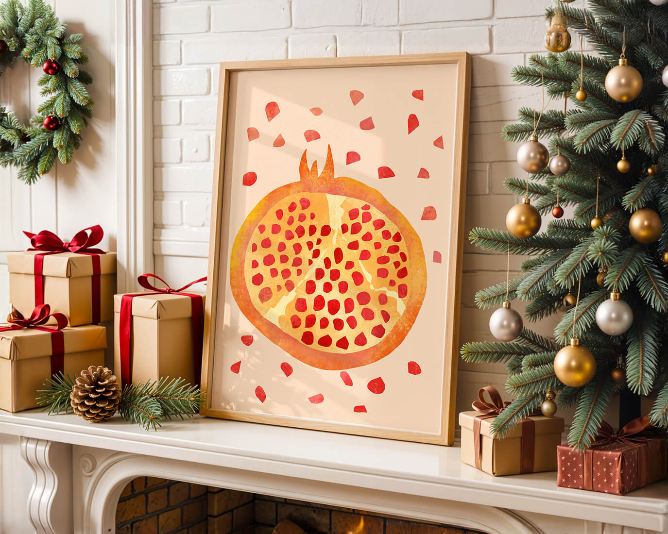 Colorful abstract pomegranate illustration with scattered seeds