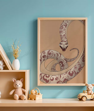 Elegant coiled snake with floral patterns in an artistic composition