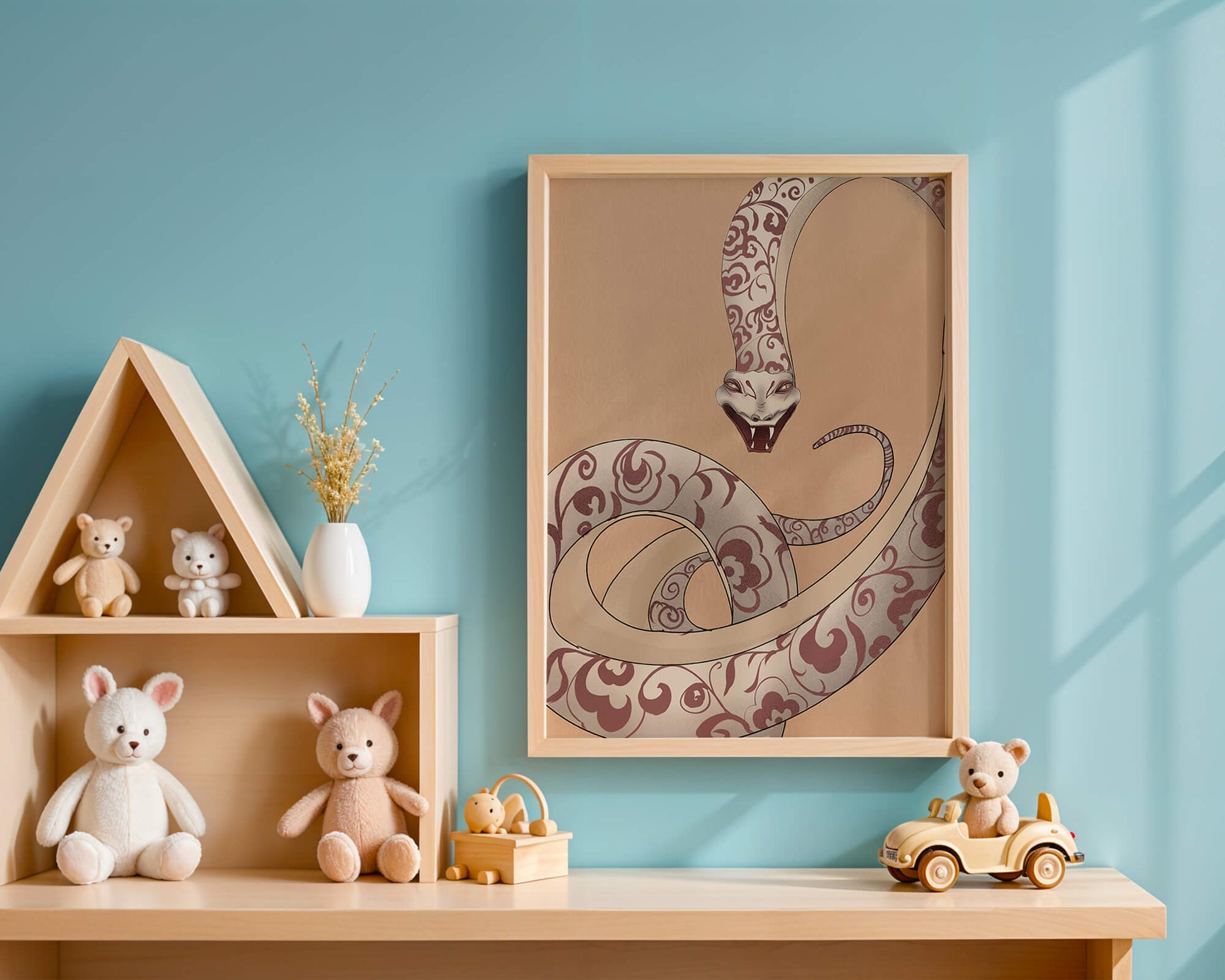 Elegant coiled snake with floral patterns in an artistic composition