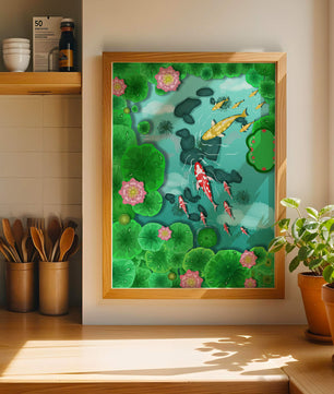 Étang à carpes koï vibrant avec des fleurs de lotus et des nénuphars verts