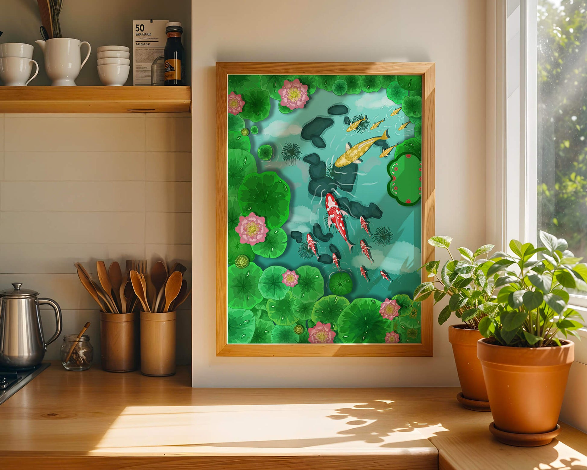 Étang à carpes koï vibrant avec des fleurs de lotus et des nénuphars verts
