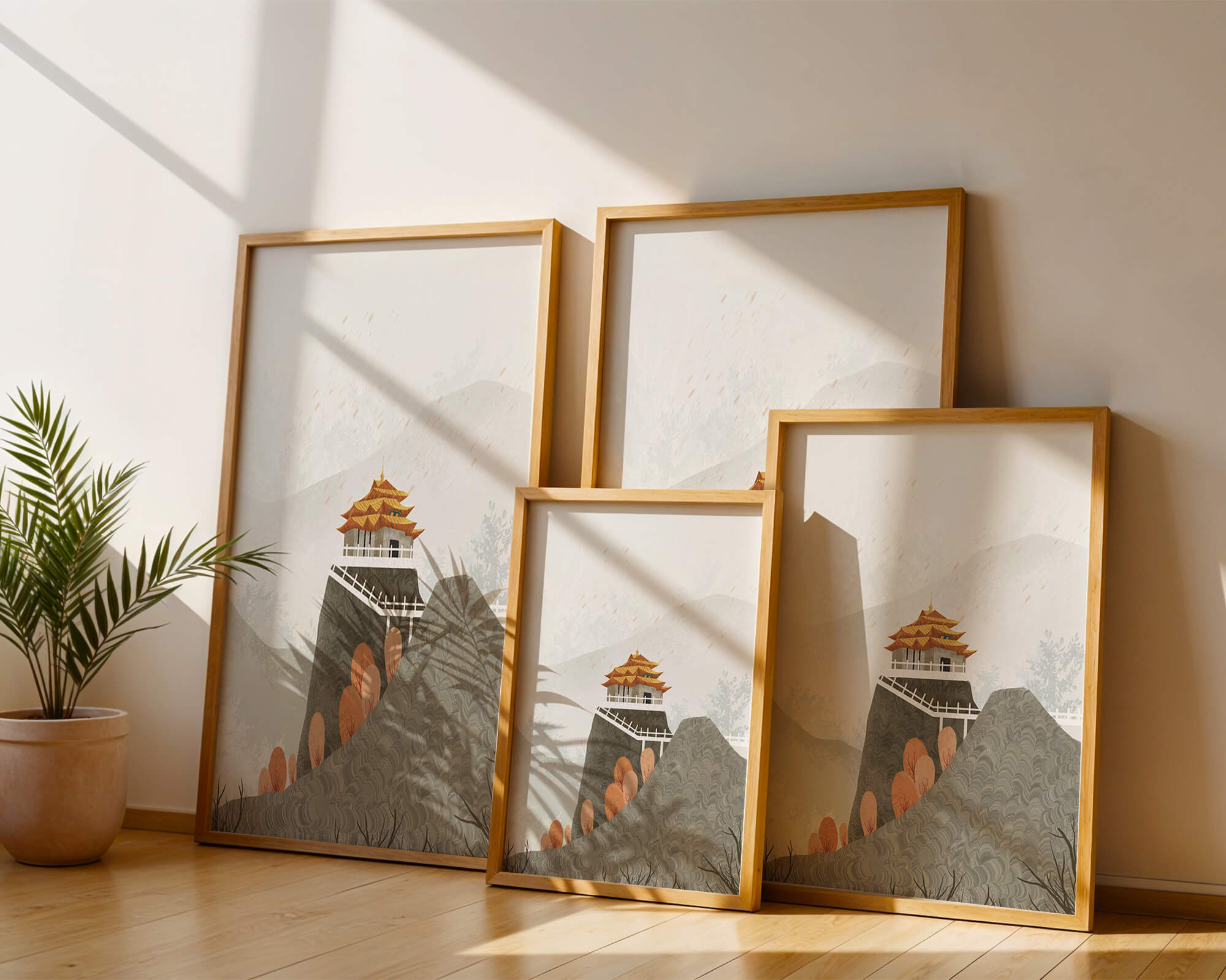 Serene mountain landscape with traditional Asian architecture