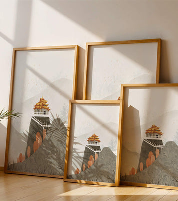 Serene mountain landscape with traditional Asian architecture