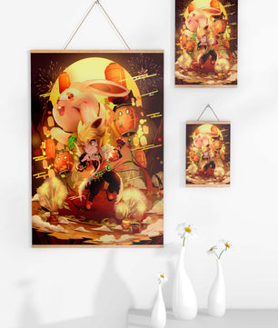Fantasy scene with rabbit and character amid fireworks and lanterns