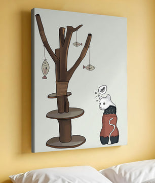 Illustration of a cat tree with a thoughtful cat in a sweater