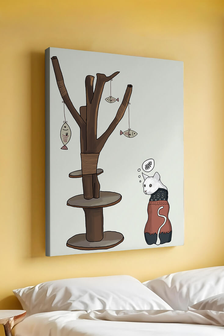 Illustration of a cat tree with a thoughtful cat in a sweater