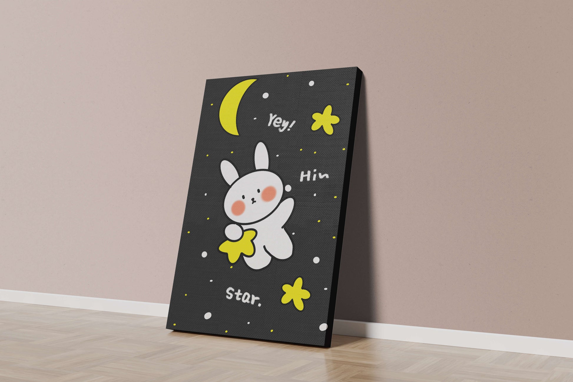 Adorable bunny with stars and moon on a night sky background