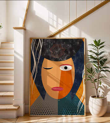 Abstract geometric portrait featuring vibrant colors and textures