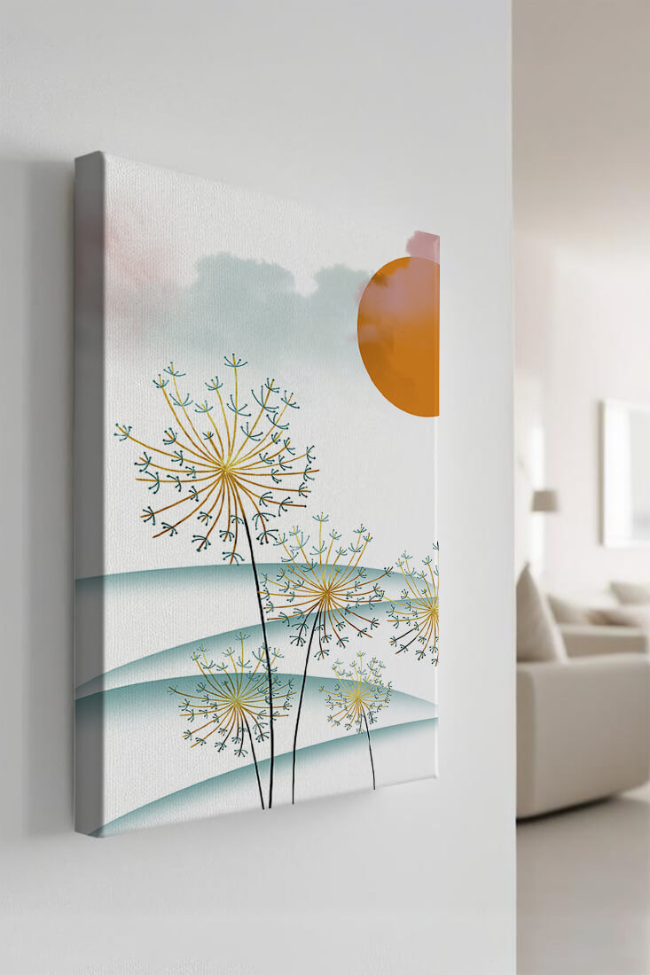 Abstrakte Landschaft mit Löwenzahn und orangefarbener Sonne