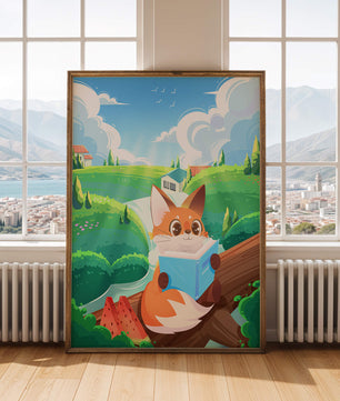 Fox Reading a Book in Scenic Green Landscape with Watermelon Slices
