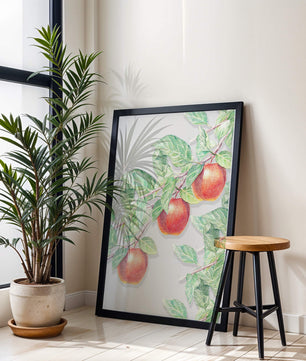Ilustración de manzanas en la rama de un árbol con hojas verdes