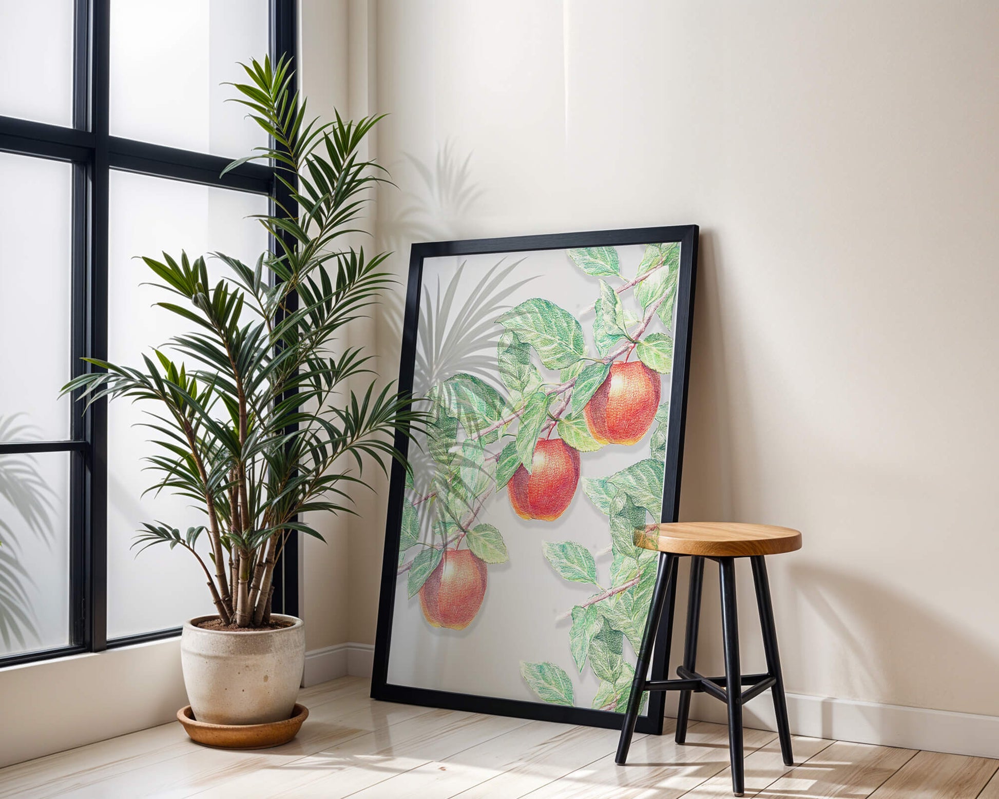 Illustration of Apples on a Tree Branch with Green Leaves