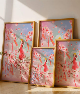 Scène printanière sereine avec des cerisiers en fleurs et une fille portant un chapeau