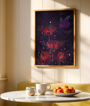 Vivid Night Sky with Red Spider Lilies and Purple Butterfly - Mi tienda
