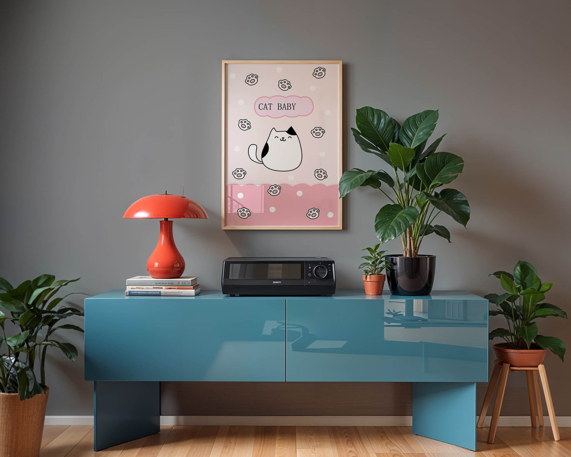Adorable cat baby illustration with cute paw prints and polka dots