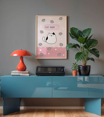 Adorable cat baby illustration with cute paw prints and polka dots