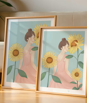 Ilustración de una mujer en un vestido rosa con girasoles