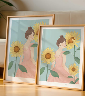 Illustration of a woman in a pink dress with sunflowers