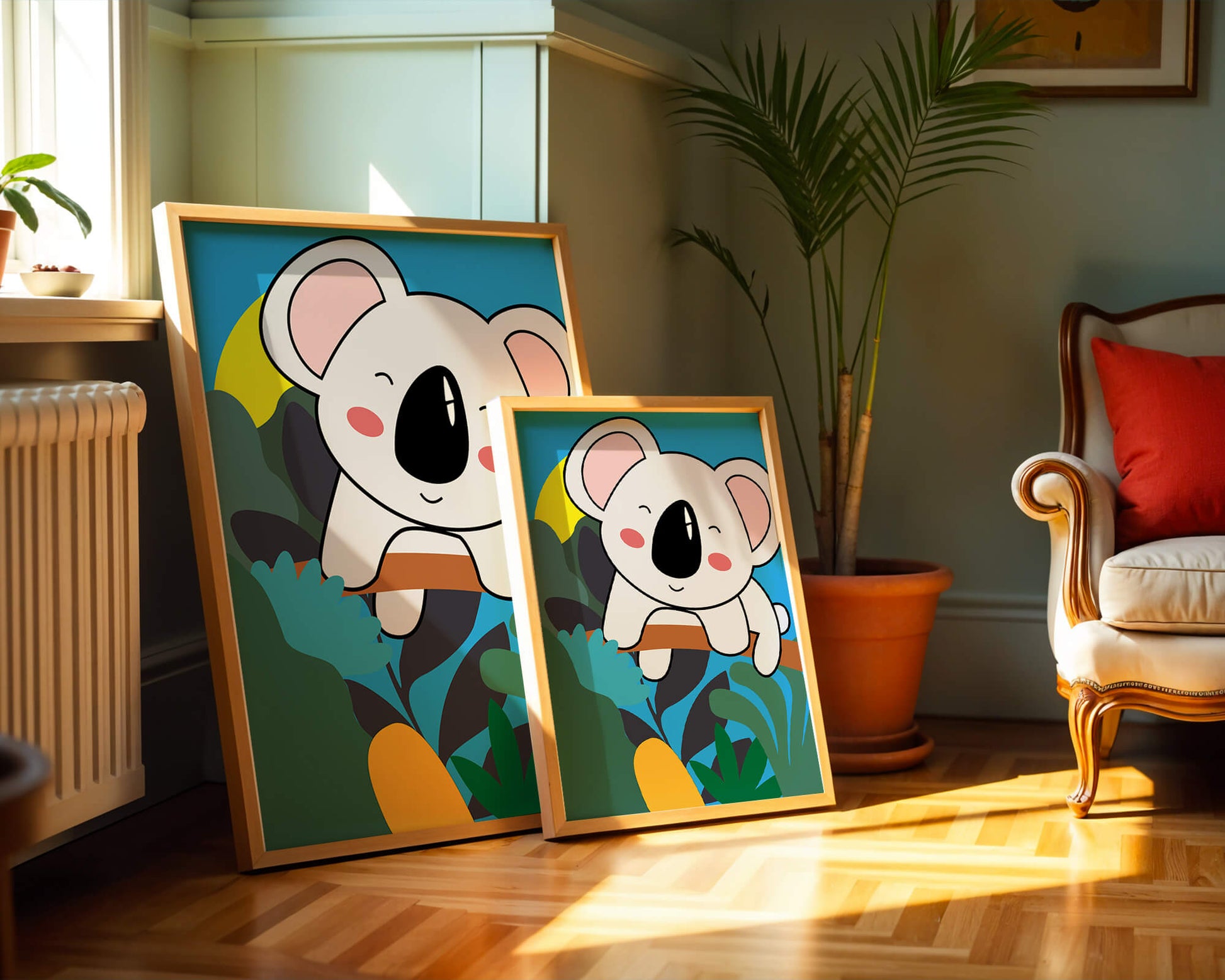 Charming illustrated koala on a branch with vibrant background