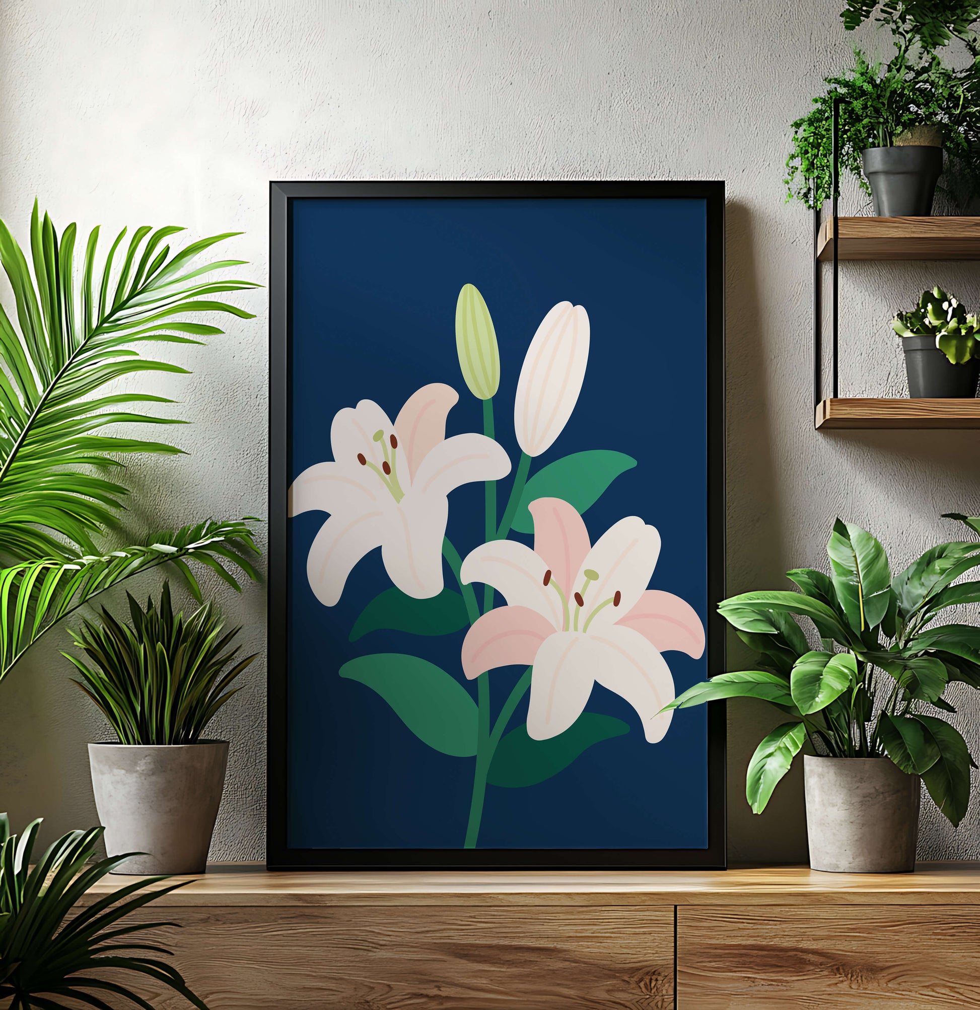 Lirios elegantes sobre un fondo azul oscuro