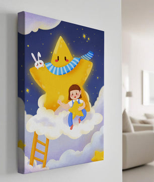 Enfant fantaisiste assis sur un nuage avec une étoile et un lapin dans le ciel nocturne