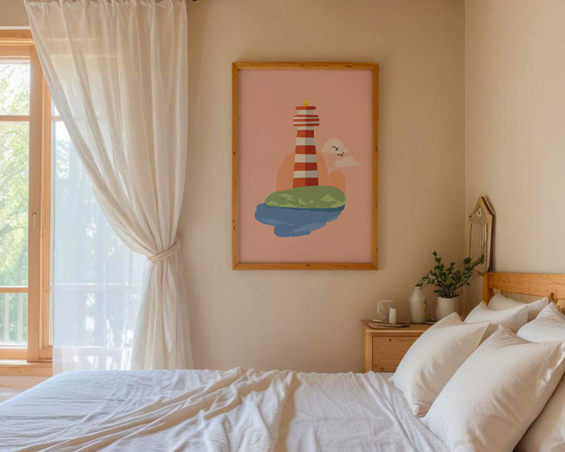 Ilustración encantadora de un faro con un entorno costero tranquilo