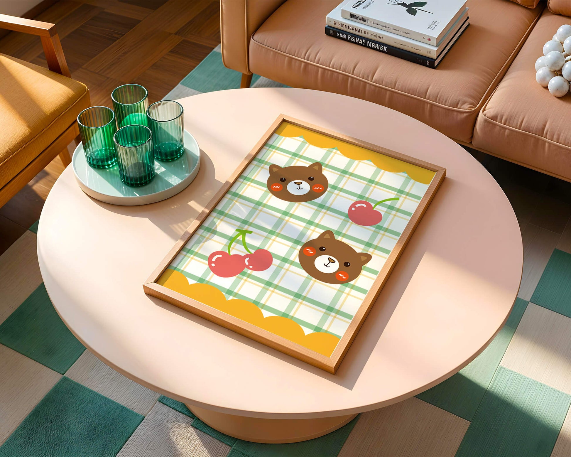 Playful bear and cherry pattern with plaid background