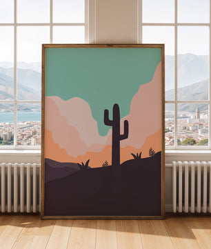 Abstract desert landscape with cactus silhouette at sunset
