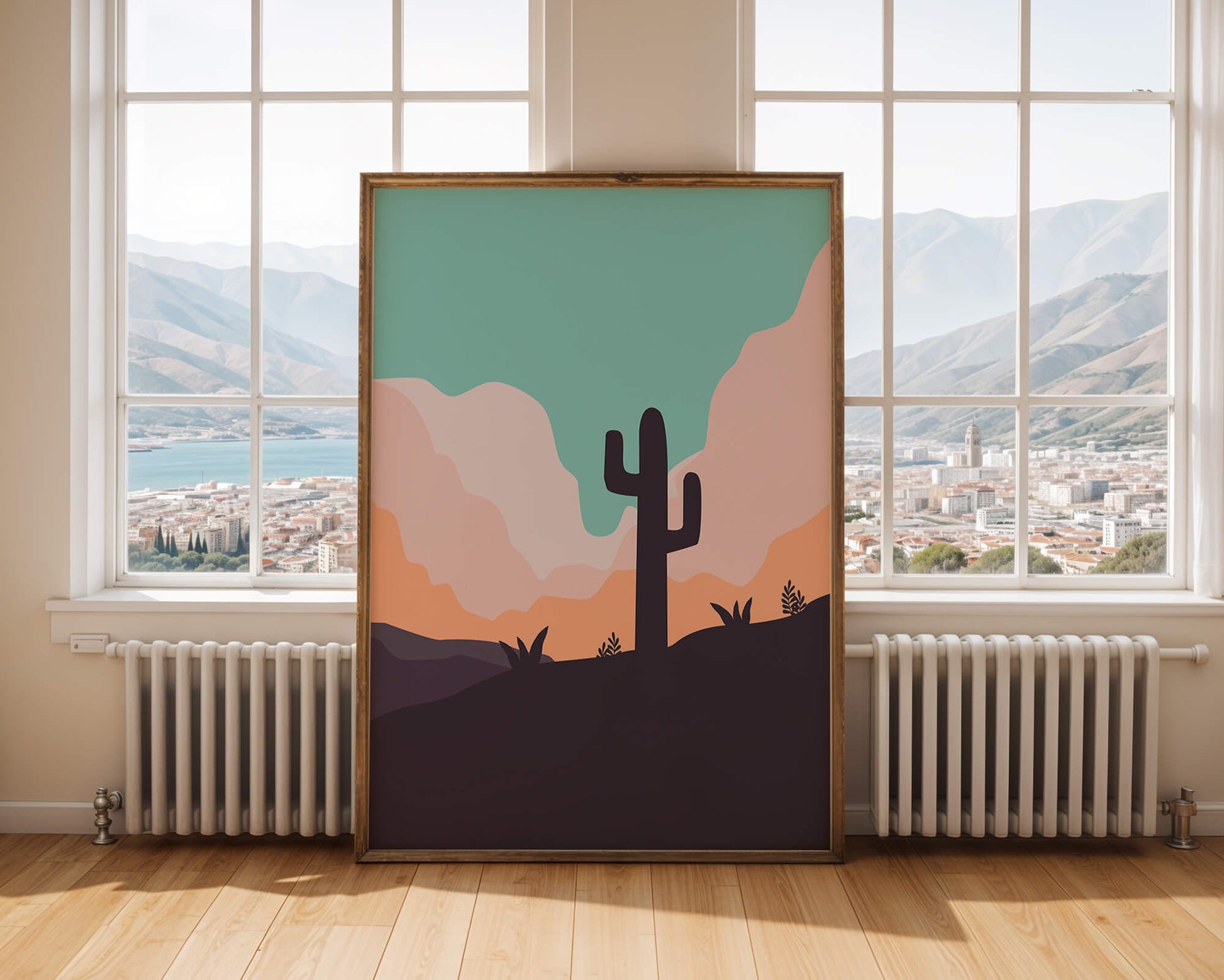 Abstract desert landscape with cactus silhouette at sunset