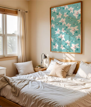 Motif floral avec des lys blancs sur un fond turquoise