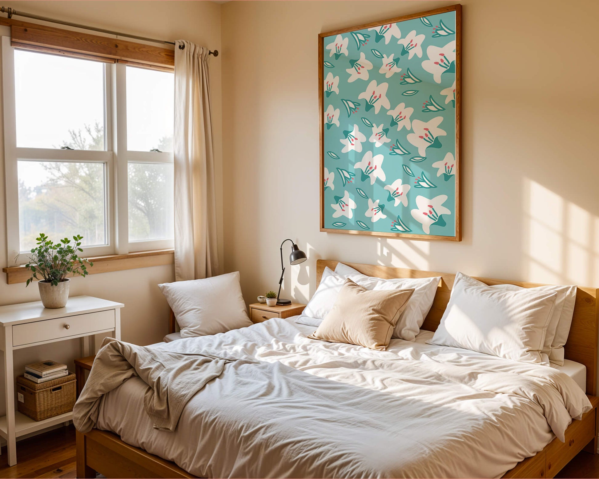 Floral pattern with white lilies on a turquoise background